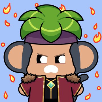 A cartoon monkey character with green hair, wearing a red and gold outfit, surrounded by flames.