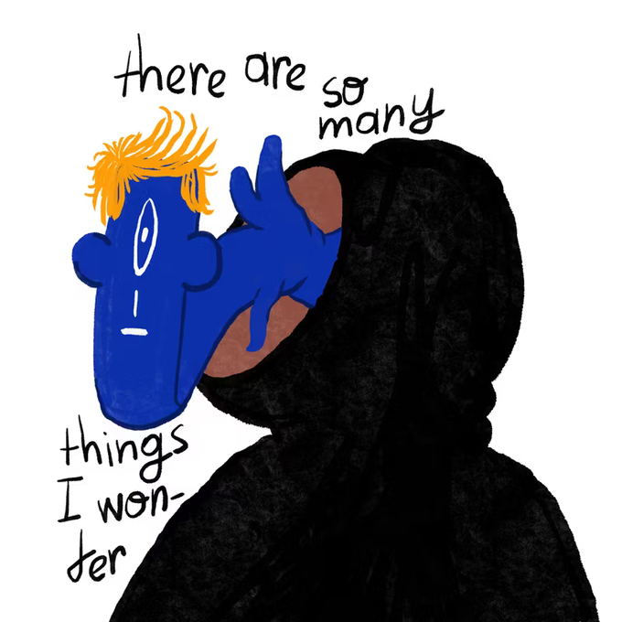 A digital illustration shows a blue-faced character with orange hair emerging from a black hooded cloak, holding up a hand as the text "there are so many things I wonder" surrounds them. The artwork appears to be NFT-style artwork for the "Hooded!" collection linked on OpenSea, matching the contemplative, mysterious aesthetic suggested by the hooded figure.