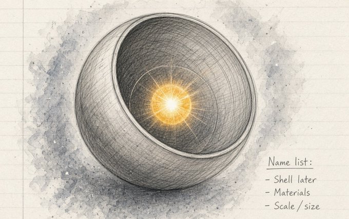 A sketch on lined notebook paper of a hollow sphere or cannon-like object containing a glowing yellow orb, with a handwritten "Name list:" including "- Shell later, - Materials, - Scale / size".