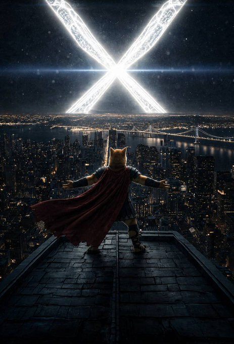 A dramatic digital artwork showing a cat-like warrior in a red cape standing on a rooftop overlooking a city skyline, with a glowing X-shaped beam of light in the night sky.