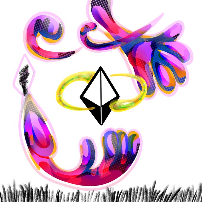 A colorful, abstract digital illustration featuring swirling pink, purple, and blue shapes surrounding a central black Ethereum logo outlined by a yellow-green ring.