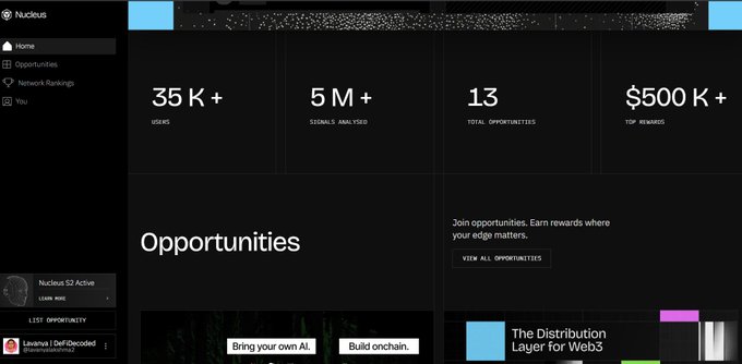 A dark-themed dashboard from Nucleus (NucleusCodes) displays platform statistics—35K+ users, 5M+ signals analyzed, 13 total opportunities, and $500K+ top rewards—alongside an "Opportunities" section and a call-to-action reading "Bring your own AI / Build onchain." The interface, showing a user profile for "Nucleus S2 Active" and a ranking system, visually represents the post's claim that Nucleus transforms daily on-chain activity into verifiable rankings and rewards rather than letting trading history go unused.