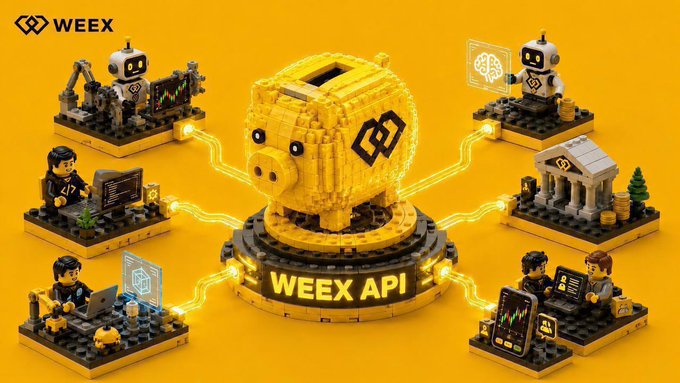 A 3D LEGO-style promotional image for 'WEEX API' featuring a central golden piggy bank connected to miniature figures working at trading stations.