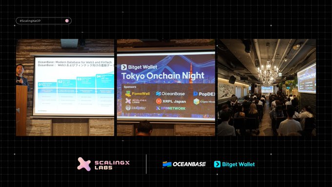 A SplitX Labs and Bitget Wallet sponsored "Tokyo Onchain Night" event, featuring presentations on OceanBase, brings together blockchain enthusiasts and partners in a lively gathering space. The image showcases the event's branding, presentations, and attendees, reflecting the post's gratitude for community support and growth.