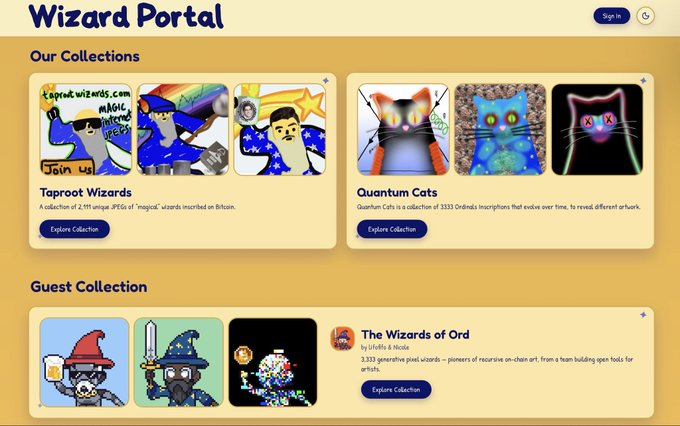 The image displays the "Wizard Portal" website showcasing collections of crypto/NFT art, including "Taproot Wizards" (2,111 unique jpegs of "magical" wizards inscribed on Bitcoin), "Quantum Cats" (3,333 Ordinals), and a guest collection called "The Wizards of Ord" by UFORIA & NOCA featuring 3,333 generative pixel wizards. The webpage supports the post's message by presenting a curated platform for collecting high-quality jpegs, while prompting users to suggest the next guest collection to feature.