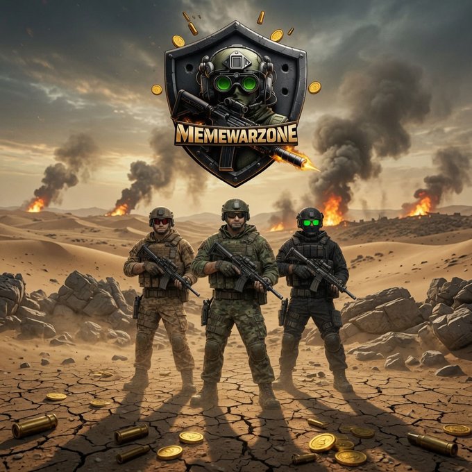 A video game promotional graphic titled 'MEMEWARZONE' showing three armed soldiers in a desert landscape with explosions and bullet casings scattered on the ground.