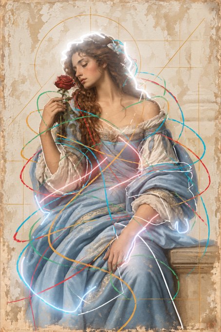 A digital painting of a woman with long brown hair holding a red rose, wearing a flowing blue dress, surrounded by swirling colorful neon lines and geometric patterns in a vintage style.