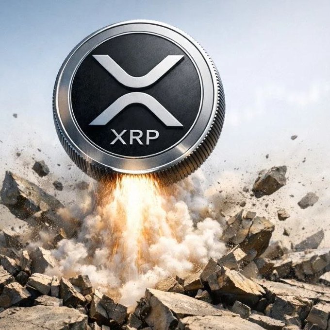 A coin with an XRP symbol floats above a pile of rocks, indicating that it might be related to Bitcoin or cryptocurrency technology. The image has a post about "BOOOOOOOOOOOOOMMMM!!! #XRP IS NEARLY 9% UP AS REGULATORY CLARITY DRAWS CLOSER!! ARE YOU STILL NOT BULLISH ON #XRP?" which could be an attempt to promote the coin or inform viewers of its rising value in relation to Bitcoin.