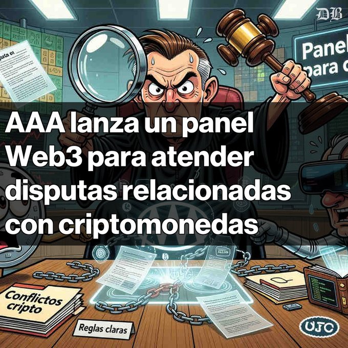 A cartoon-style Spanish-language graphic reading 'AAA lanza un panel Web3 para atender disputas relacionadas con criptomonedas', depicting a judge character with a gavel and magnifying glass alongside crypto-related items.