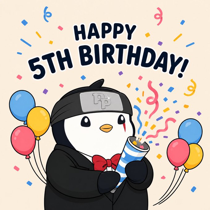 A cartoon penguin wearing a ninja-style headband and red bowtie blowing a party horn, with balloons and confetti surrounding the text 'HAPPY 5TH BIRTHDAY!'