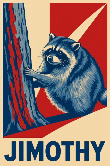 A retro propaganda-style poster illustration of a raccoon holding onto a tree trunk with the name 'JIMOTHY' printed below.