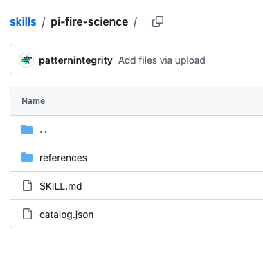 A GitHub repository file browser page for "skills / pi-fire-science" showing a folder structure with items named "..", "references", "SKILL.md", and "catalog.json", along with a commit by "patternintegrity".