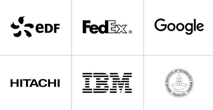 The image displays six logos of Hedera's governing council members: EDF, FedEx, Google, Hitachi, IBM, and the Indian Institute of Technology Madras (IIT Madras). The post highlights that these organizations—spanning F1 racing, cloud infrastructure, logistics, and consulting—all serve as equal voting members on Hedera's 30+ member governing council, with the logos visually representing the diverse industry leadership behind the $HBAR network.