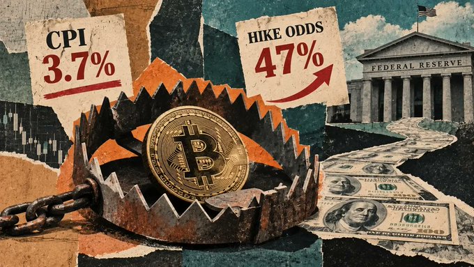 A collage-style financial graphic showing 'CPI 3.7%' and 'HIKE ODDS 47%' alongside a Bitcoin trapped in a bear trap, a Federal Reserve building, and hundred-dollar bills.