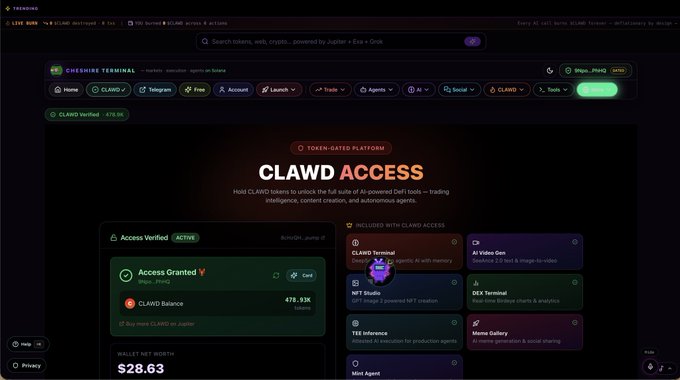 Screenshot of the Trader Terminal web interface showing a CLAWD token access page with a $28.63 balance, CLAWD price of 478.30K, and various menu options including Home, Agents, AI, Social, Trade, and Tools.