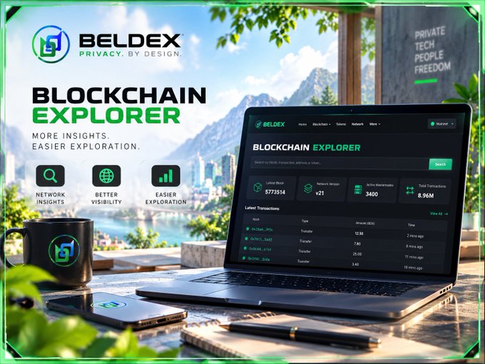 Promotional image for 'BELDEX - PRIVACY. BY DESIGN' Blockchain Explorer featuring a laptop displaying blockchain statistics (Latest Block: 5773514, Network: v21, Active Masternodes: 3400, Total Transactions: 8.96M) and text highlighting 'More Insights. Easier Exploration.'