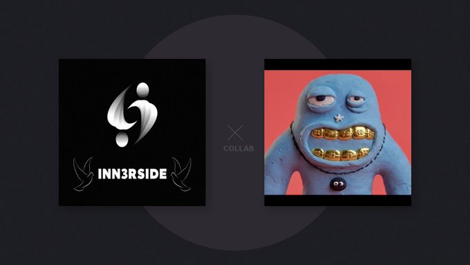 The image displays a collaboration announcement with two square panels: the left features the silver "INN3RSIDE" logo on a black background with angel wings, while the right shows a blue monster character with gold teeth against a red background, separated by an "X COLLAB" symbol. This visual represents the partnership between the INN3RSIDE project and Just t00ns, marking their new NFT collaboration on the ETH blockchain with giveaway details for their Discord community.