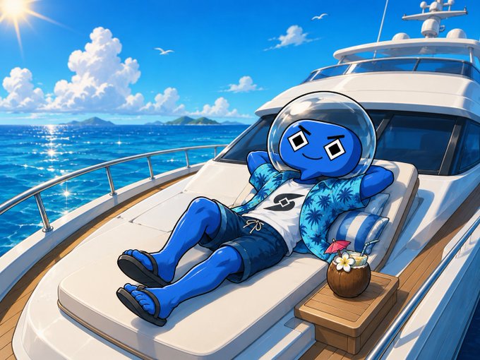An anime-style illustration of a blue character with diamond-shaped eyes wearing a space helmet and tropical shirt, relaxing on a yacht deck with a coconut drink.