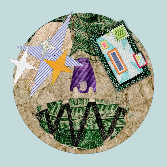 A circular collage-style artwork features patchwork textures including stars, a purple shape, a green sequined piece with geometric designs, and a green textured bowl-like shape on a light blue background.