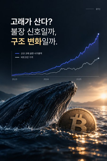 A Korean Bitcoin promotional graphic featuring a whale emerging from the ocean with a Bitcoin coin, a chart showing growth from 2023-2025, and Korean text questioning if one should buy, hold, or convert Bitcoin.