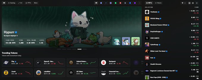 A dark green background with an image of a white cat wearing a blue collar. The cat looks relaxed as if enjoying its tea time, surrounded by several other animated cartoon animals. In the top right corner of this image, there's text that reads "VOID SAINTS TRENDING ON @opensea @top5 Trending Collections. 3 hours until reveal". This indicates an ongoing trend about a cat show where cats are in high demand and people want to see them.