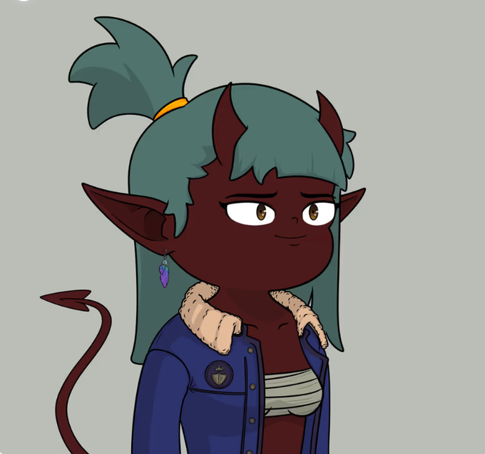 A cartoon illustration depicts a demon-like character with teal hair in a ponytail, pointed ears, a tail, purple crystal earring, and a blue jacket with a fur collar, against a gray background.