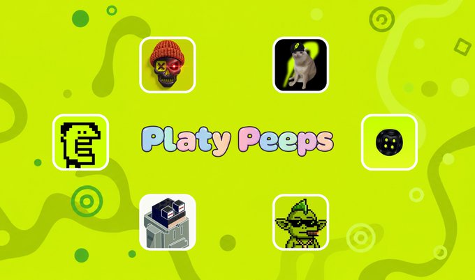 A promotional graphic featuring the text "Platy Peeps" in pastel bubble letters on a lime green background, surrounded by six small icons including a crocheted skull, a pixelated character, a cat, and a goblin-like figure. The image ties to the post by showcasing "Platy Peeps" alongside partner NFT collections like GremlinCartel and OnChainHoodies to tease a collaboration on Robinhoodchain.