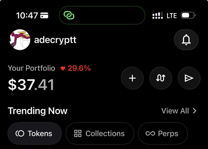 The image shows a Robinhood crypto portfolio screen for user "adecryptt" displaying a balance of $37.41 with a 29.6% loss, alongside a "Trending Now" section featuring Tokens, Collections, and Perps tabs. This visually confirms the poster's claim of starting with $29 and growing it to $37, supporting their goal of reaching $300+ while highlighting the OpenSea mobile allowlist feature mentioned in the post.