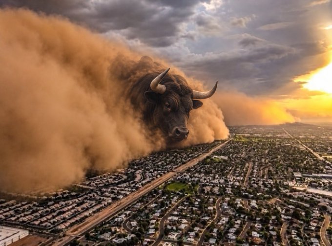 A colossal dust-billowing bull towers over a sprawling suburban cityscape at sunset, its head emerging from a massive sandstorm cloud. The dramatic visual ties into the "$ANSEM" post as a play on a "bull run," symbolizing an unstoppable market surge or momentum being "run back."