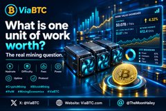 The image is a promotional graphic for ViaBTC featuring the headline "What is one unit of work worth? The real mining question," along with Bitcoin mining data showing 95,078 TH/s hashrate and 473.34 EH/s difficulty, displayed alongside mining rigs and a glowing Bitcoin. It relates to the accompanying post by promoting Bitcoin mining as a life-changing wealth opportunity, suggesting ViaBTC's mining services can help users "print millions" and catch a "rocket ship" before prices soar.