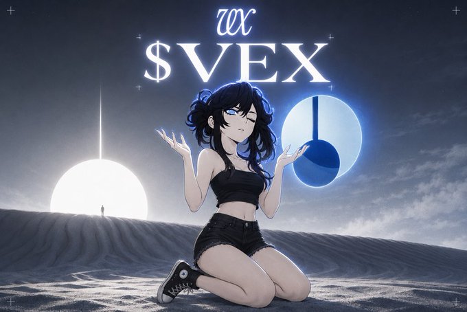 An anime-style illustration features a dark-haired woman kneeling in a desert landscape beneath a starry sky, with glowing text reading "VEX $VEX" and two orbs floating nearby.