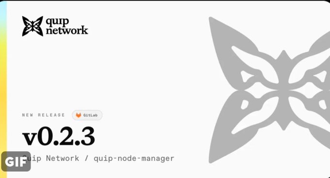 A promotional graphic for the quip network release v0.2.3 on GitLab, featuring the project's butterfly logo on a white and gray background.