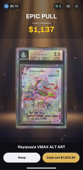 A mobile game screen showing an 'EPIC PULL' of a Rayquaza VMAX ALT ART Pokémon card valued at $1,137, with options to Keep or Cash out $1,023.30.
