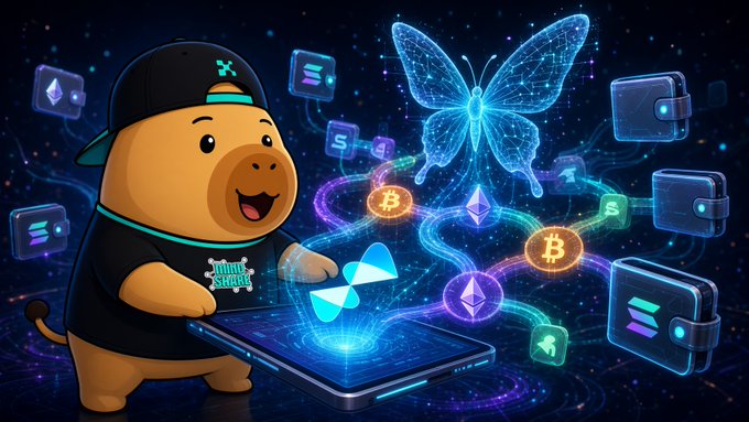 A digital illustration of a cartoon bear character wearing a black cap and t-shirt, standing with a tablet that displays a holographic butterfly and various cryptocurrency icons including Bitcoin, Ethereum, and Solana, with digital wallets floating around against a dark starry background.