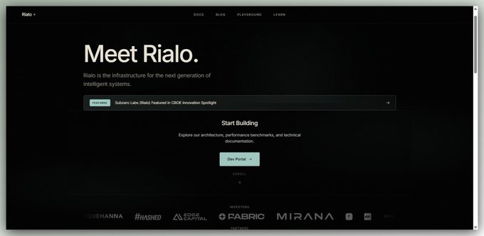 Dark-themed website homepage for Rialo with the headline 'Meet Rialo.' describing it as infrastructure for intelligent systems, featuring a search bar and a 'Dev Portal' button.