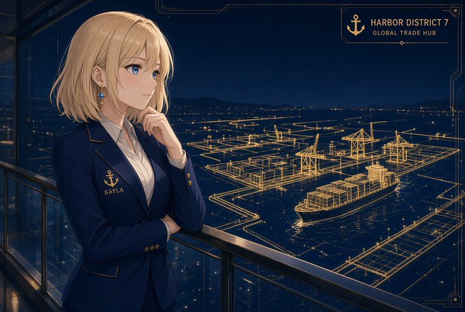 Kayla, a blonde woman in a navy blazer embroidered with her name and an anchor emblem, gazes thoughtfully from a high-rise balcony over a glowing golden wireframe visualization of "Harbor District 7 - Global Trade Hub," illustrating the real-world maritime shipping operations backing the project's token.