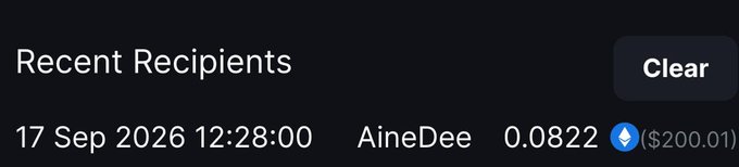 The image shows a "Recent Recipients" panel displaying a transaction entry from 17 Sep 2026 at 12:28:00, where user "AineDee" received 0.0822 ETH (≈$200.01), with a "Clear" button visible on the right. This screenshot supports the accompanying post by providing evidence of a $200 prize payout to the MetaWin winner @ms_eighn.