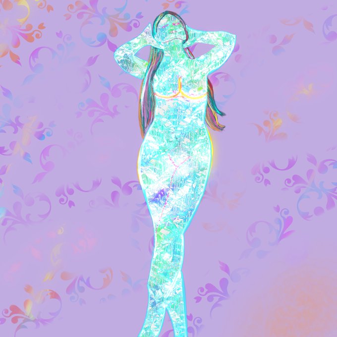 A digital illustration of a female figure with a bright cyan, textured body standing against a light purple background with floral patterns.