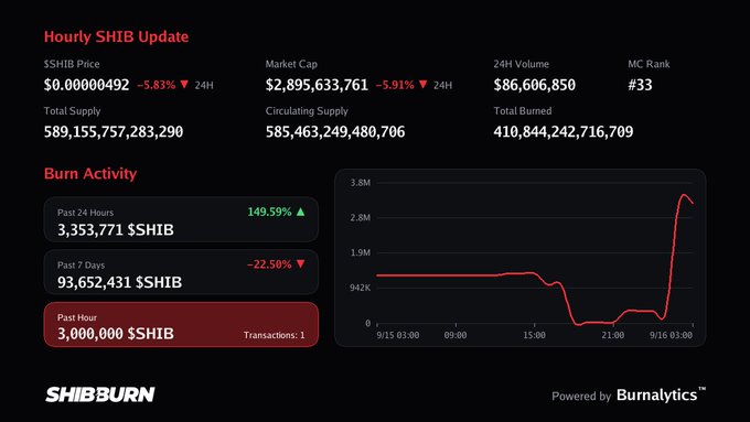 A dark-themed cryptocurrency dashboard titled 'Hourly SHIB Update' displaying SHIB price, market cap ($2,895,633,761), and burn activity charts, branded with 'SHIBBURN' and 'Burnalytics'.
