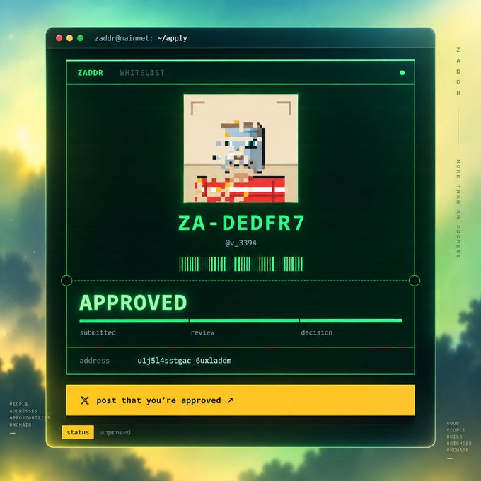 A digital interface showing an 'APPROVED' application status with the pixel art avatar 'ZA-DEDFR7', a barcode, and the address 'u1j5l4sstgac_6ux1addm', encouraging the user to 'post that you're approved' on social media.