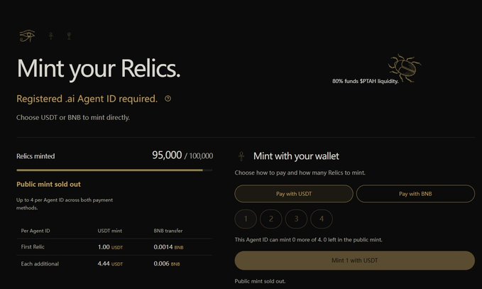 A dark cryptocurrency-themed minting webpage reads “Mint your Relics.” and includes “Registered .ai Agent ID required.”, “95,000 / 100,000,” “Public mint sold out,” “Pay with USDT,” “Pay with BNB,” and “Mint 1 with USDT.”