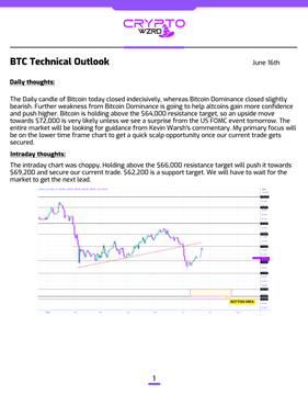 The image is a screenshot of a document titled "BTC Daily Technical Outlook", which has purple and white text and includes charts and graphs. The main chart shows Bitcoin's price movements, with a downward trend appearing in the graph. The title of the document is written in both black and blue fonts. In the bottom left corner of the image, there is an additional piece of text that says "the intraday chart was choppy". This phrase suggests that the Bitcoin market experienced some fluctuations during its daily performance.
