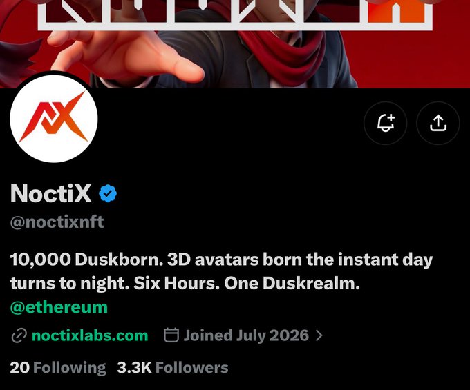 An X (formerly Twitter) profile page for 'NoctiX' (@noctixnft) describing '10,000 Duskborn. 3D avatars born the instant day turns to night. Six Hours. One Duskrealm.' The account on @ethereum was joined in July 2026 and has 3.3K followers.