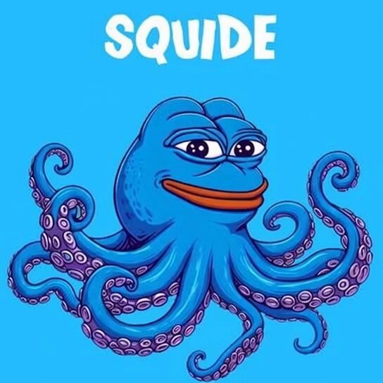 The image features a blue octopus with purple tentacles, giving it a unique appearance reminiscent of Squide from the Squide series. The octopus has a big smile and its eyes are open wide, making for an endearing scene. The background is a solid blue color that contrasts nicely with the octopus's vibrant colors. In the image, there is also text that reads "Team Squide Contract address 6nKy8wWMs95LH6NRk1rogLSegNWpPukZYFVxBU9qpump". This text seems to be related to the Squide series and possibly provides information about the contract between Team Squide and Solana.