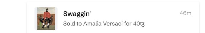 A digital interface showing an NFT listing titled 'Swaggin'' with text 'Sold to Amalia Versaci for 40Ξ' and a timestamp of '46m'.