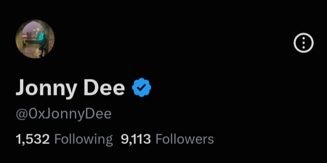 A Twitter/X profile for "Jonny Dee" (@0xJonnyDee) with a verified blue checkmark, showing 1,532 Following and 9,113 Followers.