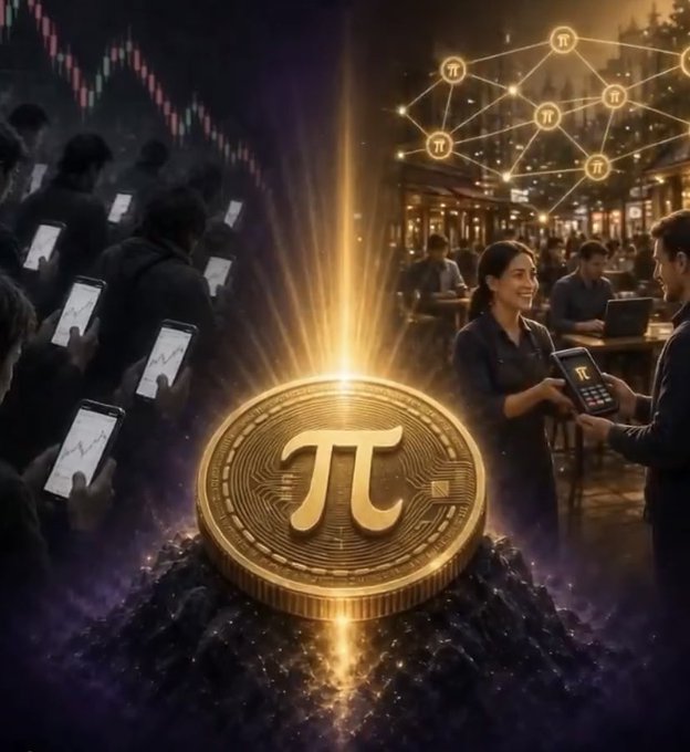 A large gold pi-symbol coin glows in the center, connecting scenes of people using smartphones, a digital payment, and a pi network; the pi symbol “π” appears throughout.