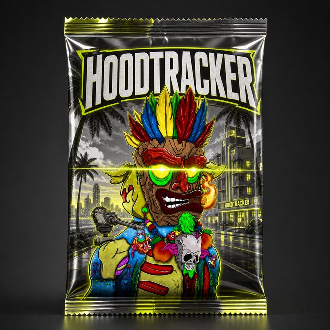 A product package design for a 'HOODTRACKER' snack, depicting a fierce, colorful tribal mask character with glowing green eyes holding a weapon, with a city street scene in the background.