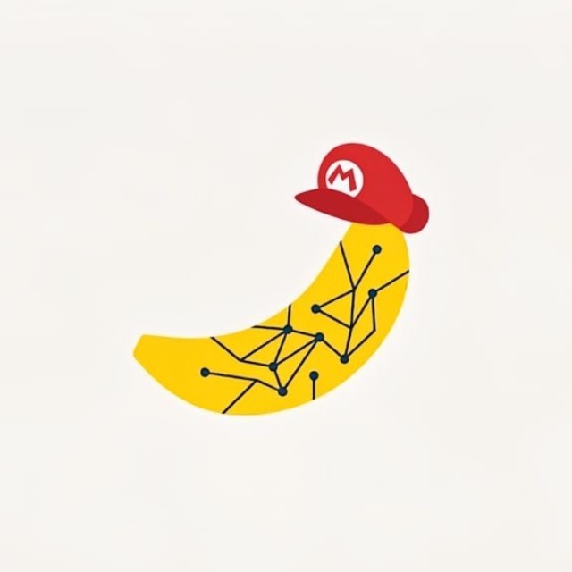 A yellow banana illustration with a network/circuit pattern on it, wearing a red Mario cap with the 'M' logo.