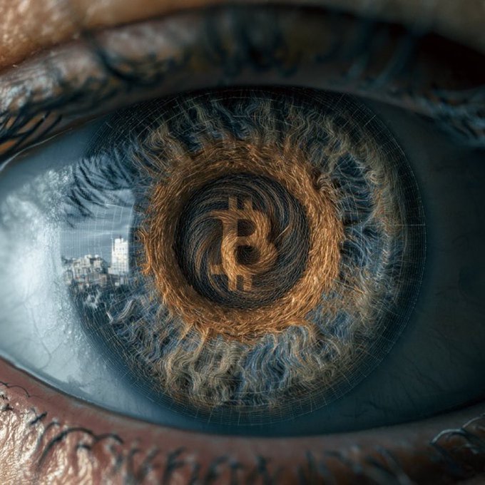 A close-up of a human eye with the Bitcoin "₿" symbol replacing the iris in fiery orange tones, symbolizing keen market vision and vigilance for crypto trading, accompanied by a promotional message highlighting Vantage as the first of 11 recommended exchanges offering referral perks and fee discounts.